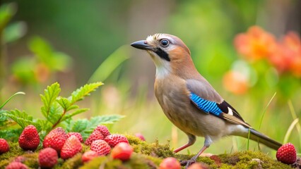 A Vibrant Eurasian Jay Perched Amidst a Cluster of Wild Strawberries in a Lush Green Meadow