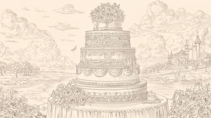 Detailed illustration of a tiered wedding cake, set against a romantic landscape