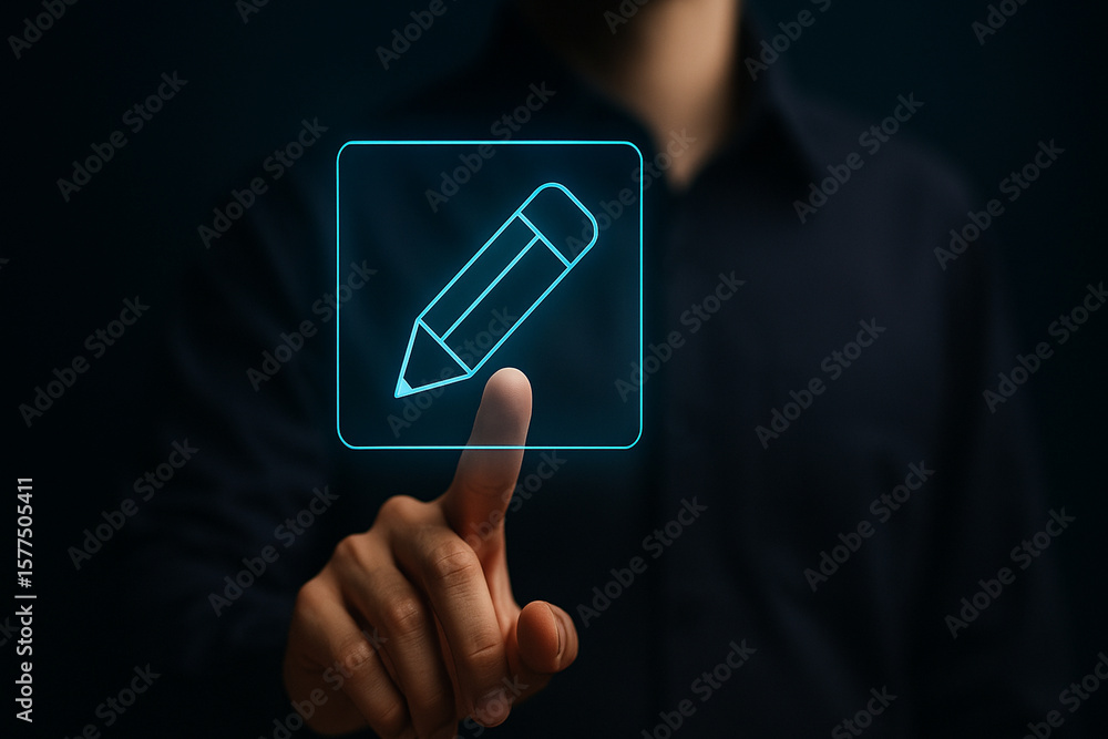 Aufkleber professional businessman touches glowing virtual pencil icon interface for creative digital input in