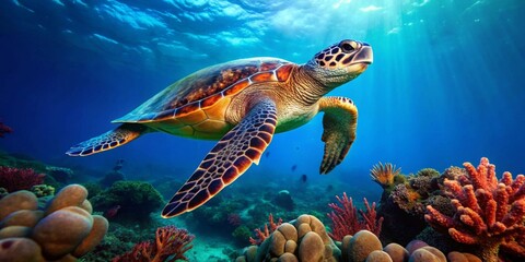 Fototapeta premium Majestic Sea Turtle Gracefully Navigating Vibrant Coral Reef Ecosystem