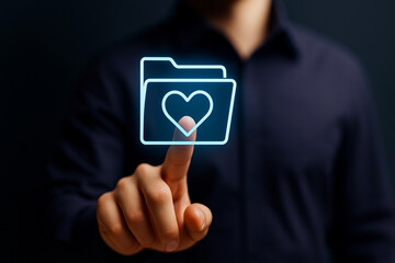 Businessman Touching Glowing Saved Collection Icon on Virtual Screen with Finger in Modern Digital Interface for Online Storage Concepts