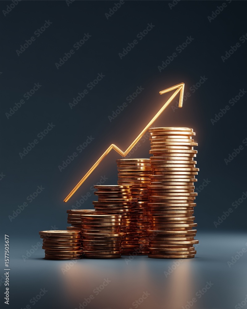 Poster golden ascent: stacks of gold coins ascend in a display of financial growth, with an upward-pointing