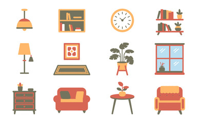 Cozy Home Interior Design Icons Flat Style Illustrations of Furniture, Plants, and Decor