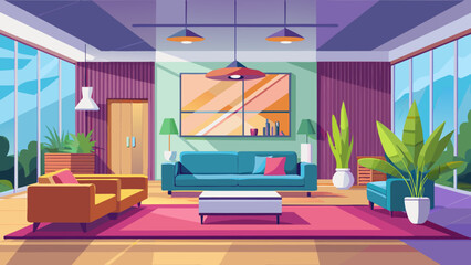 Modern living room with large windows comfortable seating and lush plants