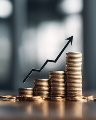 Ascending Wealth: A close-up shot of gold coins, meticulously stacked in ascending order, symbolizing growth with a dynamic arrow