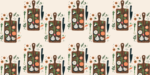 Obraz premium vector illustration seamless pattern with vegetables on wooden boards