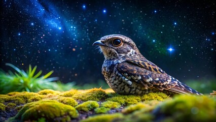 A nocturnal bird, perched on mossy ground, gazes at a celestial backdrop of shimmering stars and cosmic dust.