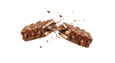 Indulgent chocolate bar breaks open on a black background, revealing creamy caramel filling and crunchy nuts.
