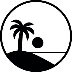 Tropical Beach Scene Silhouette in a Circle Vector illustration