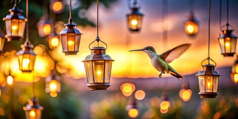 A Hummingbird in Flight at Sunset, Surrounded by Glowing Lanterns Hanging from Trees, Creating a Magical and Serene Atmosphere