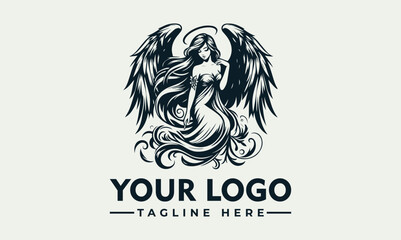 An elegant illustration of an angel with large wings, seated amongst roses.