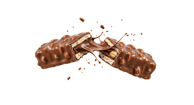 Indulgent chocolate bar breaks open on a black background, revealing creamy caramel filling and crunchy nuts. - Powered by Adobe