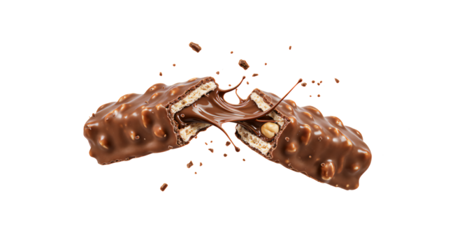 Indulgent chocolate bar breaks open on a black background, revealing creamy caramel filling and crunchy nuts.