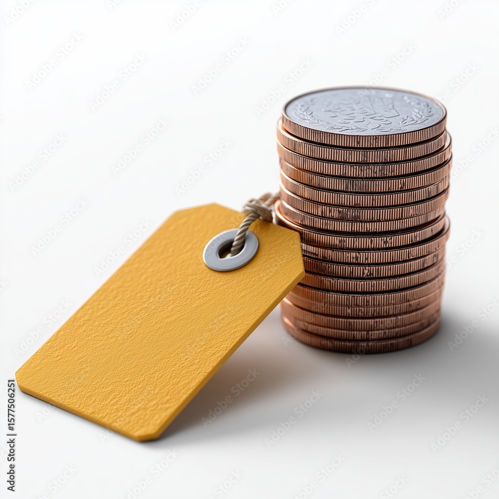 Poster price tag and stacked coins: a captivating image of a blank price tag resting beside a stack of meta