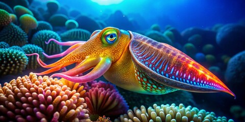 Vibrant Cuttlefish in a Luminous Underwater World, Surrounded by Colorful Coral Reefs