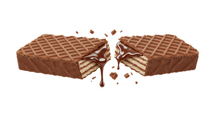 Delicious chocolate covered wafer bar breaks in half with dripping chocolate and falling crumbs on a black background.