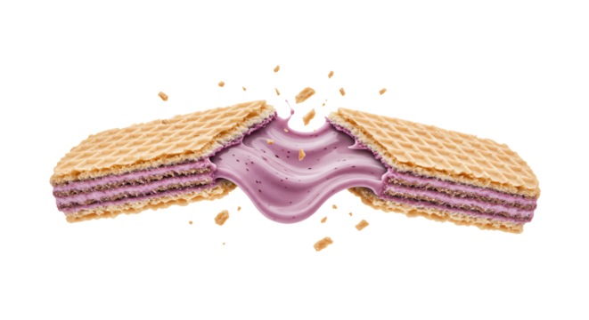 Crispy wafer cookie snaps in half, revealing delicious purple berry cream filling splashing out against a dark background.