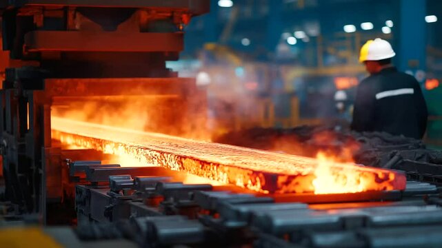 Workers supervising an automated rolling mill turning red-hot billets into long metal sheets inside a roaring steel mill