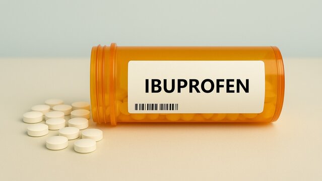 Box of ibuprofen tablets placed on a table, over-the-counter anti-inflammatory pain relief medication in daily use.	