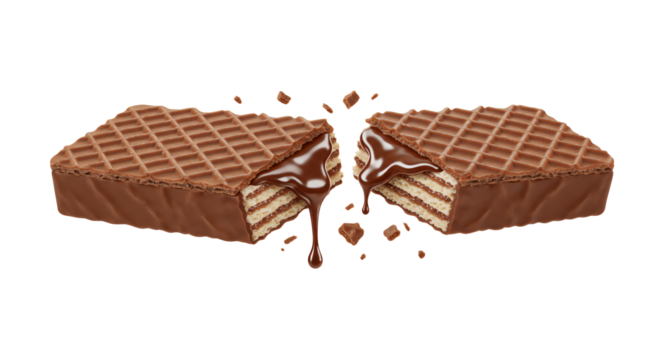 Delicious chocolate covered wafer bar breaks in half with dripping chocolate and falling crumbs on a black background.