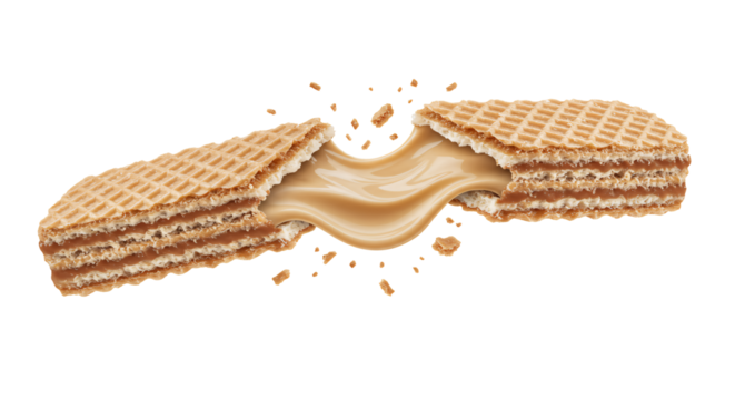 Macro view reveals creamy caramel filling stretching between layers of a broken crispy wafer cookie, symbolizing delicious indulgence.