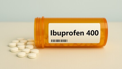 Box of ibuprofen tablets 400 mg placed on a table, over-the-counter anti-inflammatory pain relief...