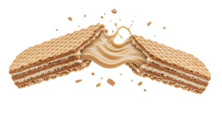Delicious creamy caramel filling flows dynamically as a crispy wafer cookie breaks apart in a studio shot emphasizing texture and flavor.
