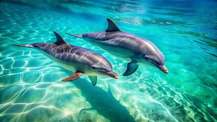 Obraz premium Oceanic Pair Two Dolphins Gracefully Swimming in Sunlit Shallow Water