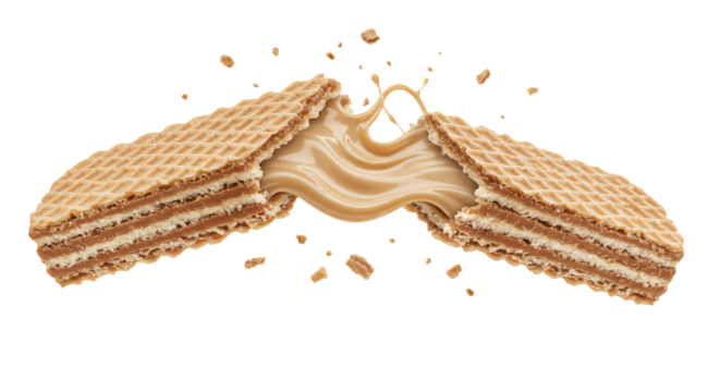 Delicious creamy caramel filling flows dynamically as a crispy wafer cookie breaks apart in a studio shot emphasizing texture and flavor.