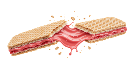 Crispy wafer cookie breaks apart revealing a luscious, stretching pink cream filling on a black background.