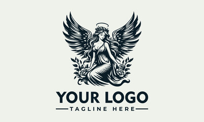 An elegant illustration of an angel with large wings, seated amongst roses.