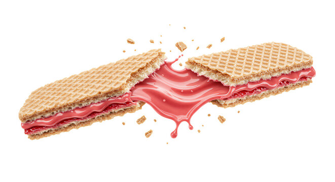 Crispy wafer cookie breaks apart revealing a luscious, stretching pink cream filling on a black background. - Powered by Adobe