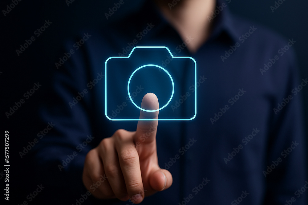 Poster businessman pressing virtual glowing camera icon with finger in futuristic interface for digital pho