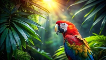 A vibrant scarlet macaw rests amidst lush, sun-dappled tropical foliage, its plumage a breathtaking display of color against the deep green backdrop.