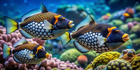 Vibrant aquatic life showcasing three vividly colored fish with distinctive patterns swimming amidst a coral reef
