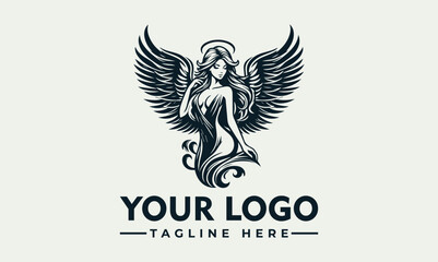 Angelic woman with wings and halo, stylized in a black and white vector illustration.