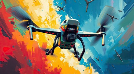 A bold acrylic painting showcases a low-angle perspective of dramatic aerial drone action, using vibrant colors and textured brushstrokes