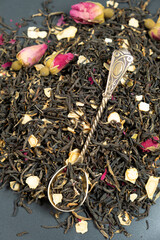 Loose Black Tea with Ginseng and Rose Petals Macro Top View