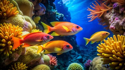 Obraz premium Vibrant Reef Inhabitants A captivating underwater scene showcasing a school of brightly colored fish gracefully navigating a coral reef teeming with diverse and colorful marine life.