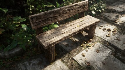 Naklejka premium A rustic wooden bench surrounded by greenery in a tranquil outdoor setting.
