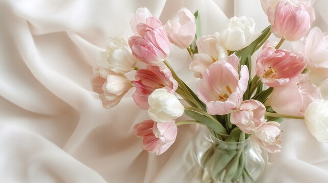 **Flat-lay background featuring a flower vase with tulips in pale colors over a light fabric surface