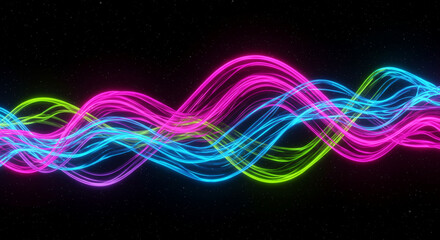 Dynamic wave shapes with neon colors on dark background