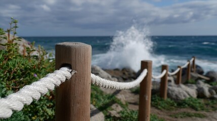 Obraz premium Rope fence leading to ocean waves crashing on rocks under cloudy sky
