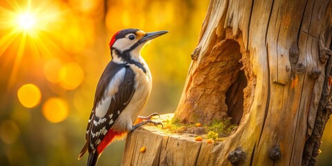 A great spotted woodpecker perched on a sunlit tree stump with a hollow, enjoying the warm golden light of the setting sun