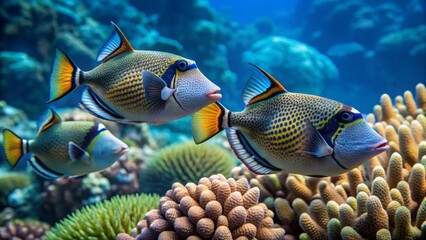 Oceanic Reef Inhabitants A Vivid Trio of Triggerfish Amidst Vibrant Coral
