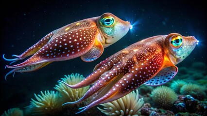 Fototapeta premium A Pair of Exquisite Spotted Deep-Sea Cephalopods Gracefully Navigating a Vibrant Coral Reef Ecosystem