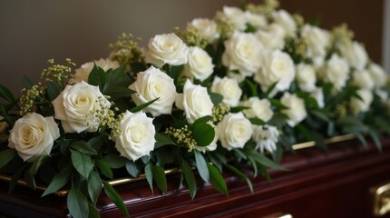 Close-up of elegant white floral arrangement on dark wooden coffin


