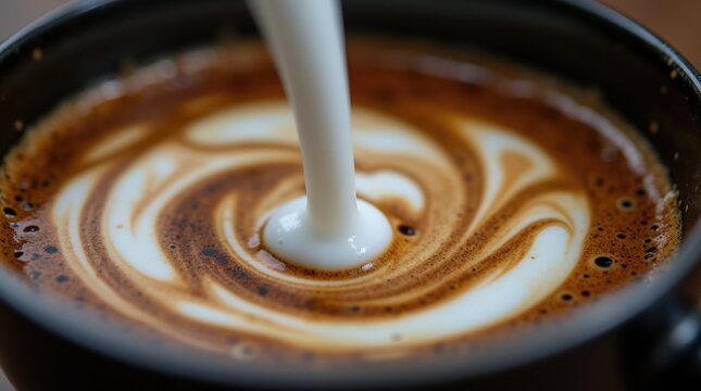 Close-up macro shot of white milk creating mesmerizing swirl patterns in dark black coffee

