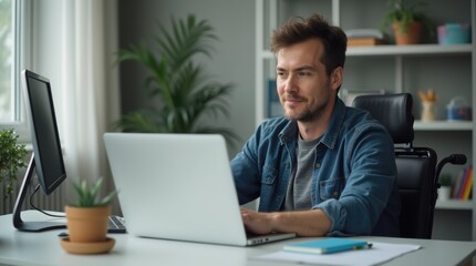 Close-up of man with disability using laptop at office workstation

