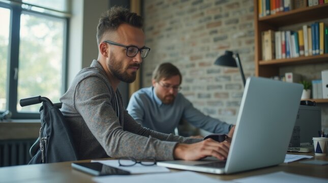 Close-up of man with disability using laptop at office workstation

